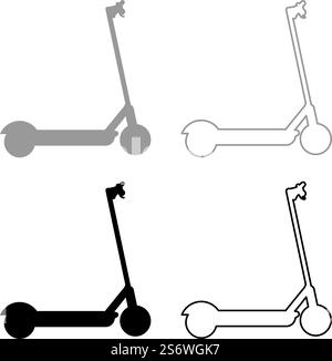 Scooter electric modern technology kick eco transport for city trotinette set icon grey black color vector illustration image simple solid fill outline contour line thin flat style. Scooter electric modern technology kick eco transport for city trotinette set icon grey black color vector illustration image solid fill outline contour line thin flat style Stock Vector