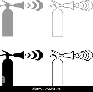 Fire extinguisher in action with foam bubbles jet for extinguishing puts out fire fighting set icon grey black color vector illustration image simple solid fill outline contour line thin flat style. Fire extinguisher in action with foam bubbles jet for extinguishing puts out fire fighting set icon grey black color vector illustration image solid fill outline contour line thin flat style Stock Vector