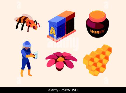 Apiary isometric. Honey farm and accessories flowers bees keeping customers honeycomb garish vector 3d illustrations set. Bee farm and beekeeper elements. Apiary isometric. Honey farm and accessories flowers bees keeping customers honeycomb garish vector 3d illustrations set Stock Vector