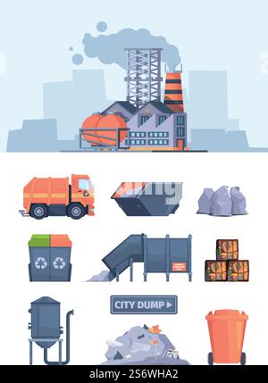 Recycling processes. Vehicles for industry waste sorting machines for cleaning garbage garish vector illustrations in flat style. Recycle trash and sorting, cleaning process technology. Recycling processes. Vehicles for industry waste sorting machines for cleaning garbage garish vector illustrations in flat style Stock Vector