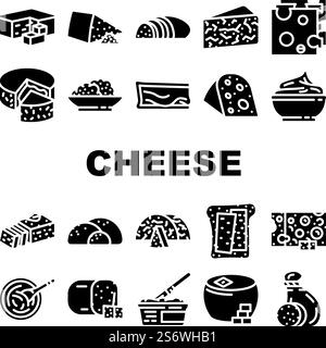 Cheese Dairy Delicious Nutrition Icons Set Vector. Cheddar And Mozzarella, Blue Cheese Feta, Gouda And Camembert, Swiss Mascarpone Milky Eatery Food. Tasty Nutrient Glyph Pictograms Black Illustration. Cheese Dairy Delicious Nutrition Icons Set Vector Stock Vector