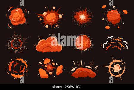 Cartoon fire explosion. War bomb, blast effects gaming. Dynamite explosions, bright red clouds. Comic elements, big boom and smoke recent vector set. Illustration of fire cartoon effect explosion. Cartoon fire explosion. War bomb, blast effects gaming. Dynamite explosions, bright red clouds. Comic style elements, big boom and smoke recent vector set Stock Vector