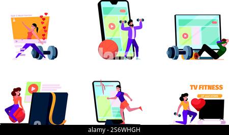 Online sport. Personal fitness exercises web broadcast translation coaching training with gadgets garish vector illustrations characters in flat style. Fitness training sport online. Online sport. Personal fitness exercises web broadcast translation coaching training with gadgets garish vector illustrations characters in flat style Stock Vector