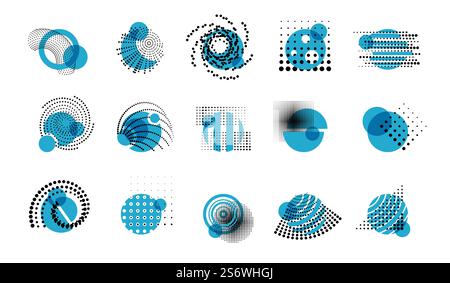 Halftone circle geometry shapes. Memphis round universal design, traditional grit design. Dots lines and sphere. Dotted minimalistic vector elements. Illustration of memphis geometry line and halftone. Halftone circle geometry shapes. Memphis round universal design, traditional grit design. Dots lines and sphere. Dotted minimalistic recent vector elements Stock Vector