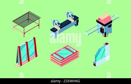Window installation. Isometric worker interior renovation with plastic pvc windows fix doors plasterboards vector illustrations set. Construction window equipment, production and installation. Window installation. Isometric worker interior renovation with plastic modern pvc windows fix doors plasterboards garish vector illustrations set collection Stock Vector