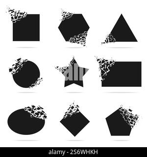 Shape explosion. Destructive shapes, shatter triangle, square, round. Isolated debris, motion crack or geometric black break elements, recent vector set. Illustration of explosion shatter. Shape explosion. Destructive shapes, shatter triangle, square, round. Isolated debris, motion crack or geometric black break elements, recent vector set Stock Vector