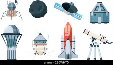 Exploring planets. Science astronomy planetarium telescope planets cosmos shuttle garish vector illustrations in flat style. Astronomy and planetarium equipment to research astrology. Exploring planets. Science astronomy planetarium telescope planets cosmos shuttle garish vector illustrations in flat style Stock Vector