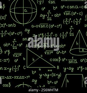 Formula pattern. Math or geometry formulas with letters and numbers graph and complex scientific diagrams for trigonometry vector seamless background. Illustration school science formula, math pattern. Formula pattern. Math or geometry formulas with letters and numbers graphs and symbols complex scientific diagrams for trigonometry garish vector seamless background Stock Vector