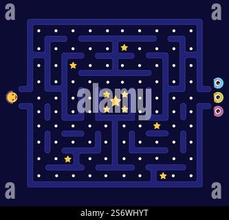 Arcade maze. Pacman background, pac man retro video computer game. Labyrinth defender and monsters. Kids app play in 80s style, videogame level vector design. Illustration of game arcade labyrinth. Arcade maze. Pacman background, pac man retro video computer game. Labyrinth defender and monsters. Kids app play in 80s style, videogame level decent vector design Stock Vector