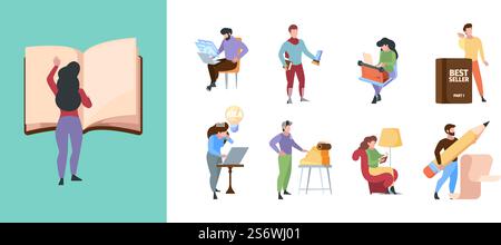 Journalist characters. Digital writers and bloggers communicate online book paper professional typing using laptop garish vector flat illustration. Journalist and writer, blog author. Journalist characters. Digital writers and bloggers communicate online book paper professional typing using laptop garish vector flat illustration Stock Vector