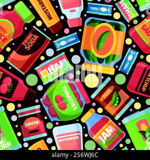 Food pattern. Canned grocery products pictures for textile design seamless background garish vector illustration. Grocery package pattern and jar packaging container wrapping. Food pattern. Canned grocery products pictures for textile design seamless background garish vector illustration Stock Vector