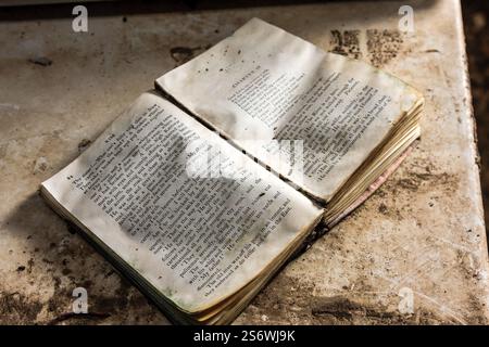 A book is open to a page with a few words on it. The book is old and has a worn appearance Stock Photo