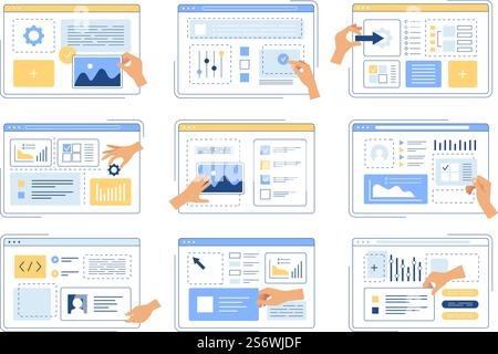 Hands making app. Web developers designers or engineers creative team create website layout pages with dividers banners buttons and icons recent vector working human hands illustration. Hands making app. Web developers designers or engineers creative team create website layout pages with dividers vector working human hand Stock Vector