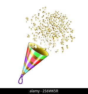 Party Popper Explosion With Foil Confetti Vector. Exploding Party Popper Accessory For Celebrate New Year Celebration Event And Congratulate. Festival Tool Template Realistic 3d Illustration. Party Popper Explosion With Foil Confetti Vector Stock Vector
