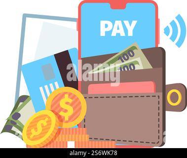 Online wallet concept. Phone contactless pay, purse with cash money on smartphone screen vector illustration. Smartphone payment transaction and pay mobile. Online wallet concept. Phone contactless pay, purse with cash money on smartphone screen vector illustration Stock Vector