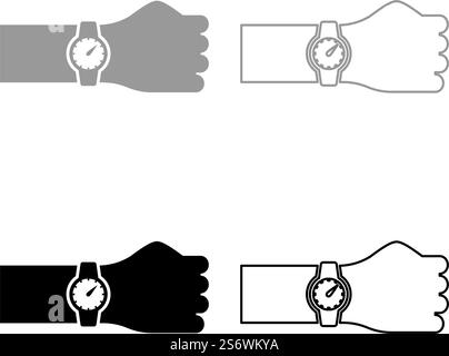 Wristwatch on hand Time on watch hand set icon grey black color vector illustration image simple solid fill outline contour line thin flat style. Wristwatch on hand Time on watch hand set icon grey black color vector illustration image solid fill outline contour line thin flat style Stock Vector