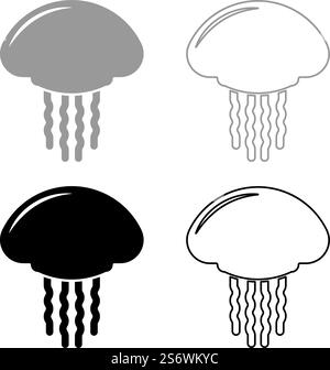 Jellyfish set icon grey black color vector illustration image simple solid fill outline contour line thin flat style. Jellyfish set icon grey black color vector illustration image solid fill outline contour line thin flat style Stock Vector