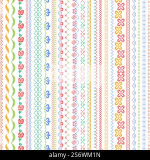Stitched seamless borders. Embroidery stripes, geometric and floral stitches. Sew fabric lines, decorative thread embroidered. Tailor nowaday vector set. Illustration of sewing thread texture. Stitched seamless borders. Embroidery stripes, geometric and floral stitches. Sew fabric lines, decorative thread embroidered. Tailor nowaday vector set Stock Vector
