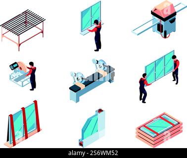 Fix plastic windows. Modern interior renovation pvc material workers installing door and windows garish vector isometric illustrations. Plastic window construction, installing and installer. Fix plastic windows. Modern interior renovation pvc material workers installing door and windows garish vector isometric illustrations Stock Vector