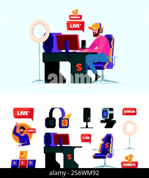 Streamers. Gamepad keyboard computer gadgets for bloggers gamers professional streamers in social network garish vector flat pictures. Illustration of streamer player, headphones and controller. Streamers. Gamepad keyboard computer gadgets for bloggers gamers professional streamers in social network garish vector flat pictures Stock Vector