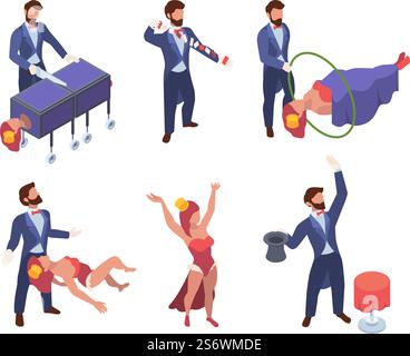 Magician isometric. Circus show scenes with fairytale characters attractions for kids happy performers magicians gaudi garish vector illustrations set. Performance magical wizard and amusement. Magician isometric. Circus show scenes with fairytale characters attractions for kids happy performers magicians gaudi garish vector illustrations set Stock Vector