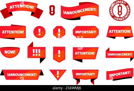 Attention banners. Announcement red stamps for priority ads sales notices badges for different messages garish vector templates set. Illustration of important isolated banner, attention information. Attention banners. Announcement red stamps for priority ads sales notices badges for different messages garish vector templates set Stock Vector