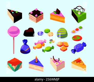 Candy isometric. Sweets delicious food for happy kids lollipop chocolate cakes and candy garish vector pictures set. Sweet food and chocolate, snack isometric illustration. Candy isometric. Sweets delicious food for happy kids lollipop chocolate cakes and candy garish vector pictures set Stock Vector
