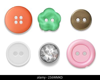 Clothes buttons. Fabric textile sewing items buttons with thread decent vector realistic collection illustrations for tailor business. Illustration button for sewing, object collection. Clothes buttons. Fabric textile sewing items buttons with thread decent vector realistic collection illustrations for tailor business Stock Vector