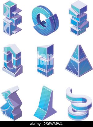 Modern buildings. Futuristic architectural objects for smart city innovate metropolis stadium and houses vector isometric 3d illustrations isolated. Architecture building collection, construction city. Modern buildings. Futuristic architectural objects for smart city innovate metropolis stadium and houses garish vector isometric 3d illustrations isolated Stock Vector