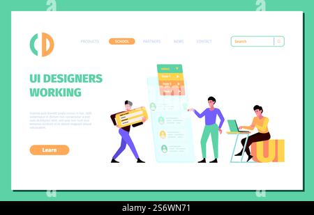 UI builders. Landing page of designers and programmers making various web frames holding dividers creative workers garish vector template. Illustration layout ui web, website development. UI builders. Landing page of designers and programmers making various web frames holding dividers creative workers garish vector template Stock Vector