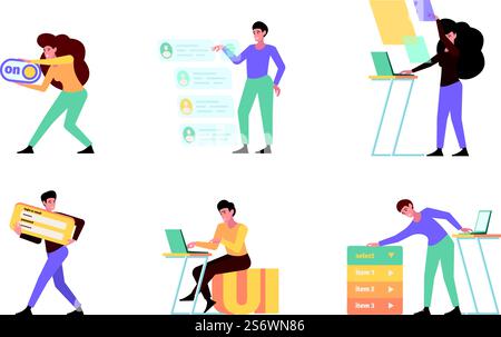 Building interfaces. Web artists and programmers designers making creative ui pages frames drawing app garish vector creative agency characters. Illustration of web design user, creative work. Building interfaces. Web artists and programmers designers making creative ui pages frames drawing app garish vector creative agency characters Stock Vector