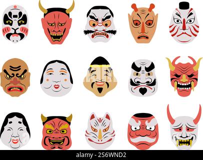 Asian mask. Tattoo salon face japanese authentic portraits colored woman body art theatrical masks wolf and fox recent vector pictures set. Illustration of japan mask face, traditional design art. Asian mask. Tattoo salon face japanese authentic portraits colored woman body art theatrical masks wolf and fox recent vector pictures set Stock Vector