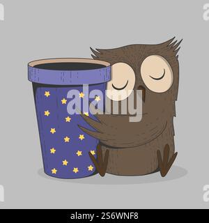 Cute owl with coffee cup. Sleeping bird, cartoon hand drawn wild animal with take away mug vector print. Illustration of owl with coffee of cup for print t-shirt. Cute owl with coffee cup. Sleeping bird, cartoon hand drawn wild animal with take away mug vector print Stock Vector