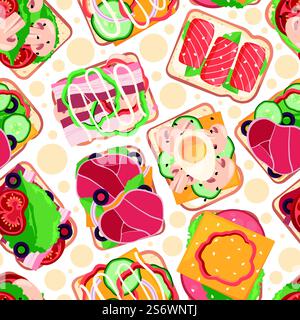 Sandwiches pattern. Healthy natural snack with vegetables on bread slices breakfast food vegetarian meal garish vector seamless background. Illustration of breakfast sandwich, healthy food pattern. Sandwiches pattern. Healthy natural snack with vegetables on bread slices breakfast food vegetarian meal garish vector seamless background Stock Vector