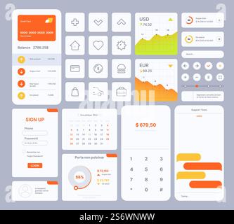 Web ui templates. User kit digital infographic elements dividers search bar frames buttons slider preview icons navigation vector collection. Illustration of interface app layout, navigation ui. Web ui templates. User kit digital infographic elements dividers search bar frames buttons slider preview icons navigation symbols garish vector collection Stock Vector