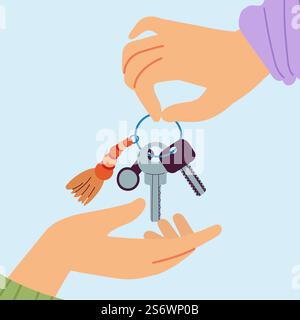 Hand with key. Renting car or house, hand give keys to over person. Buying property or sell vehicle. Sharing auto or apartment service, vector concept. Illustration of key in hand for home or car. Hand with key. Renting car or house, hand give keys to over person. Buying property or sell vehicle. Sharing auto or apartment service, decent vector concept Stock Vector