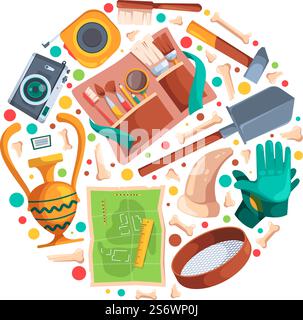 Archaeology background. Circle shape with archeological equipment brushes map digging tools artifact ancient bones garish vector template for design projects with place for text illustration. Archaeology background. Circle shape with archeological equipment brushes map digging tools artifact ancient bones garish vector Stock Vector