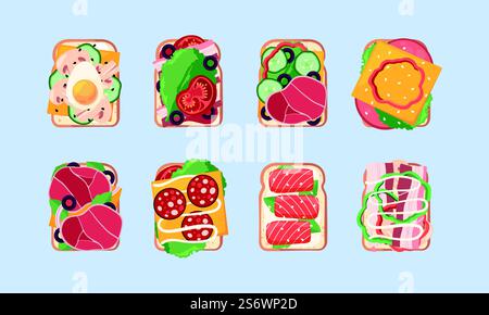 Healthy sandwiches. Natural snacks with various food vegetables cheese tomato salad piece of breads garish vector flat pictures collection. Illustration of sandwich food, healthy snack with cheese. Healthy sandwiches. Natural snacks with various food vegetables cheese tomato salad piece of breads garish vector flat pictures collection Stock Vector