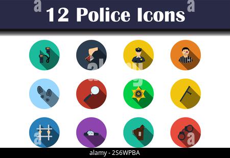 Police Icon Set. Flat Design With Long Shadow. Vector illustration. Stock Vector