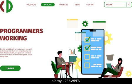 Programmers landing. Digital designers working on laptop coders writing code garish vector templates of web pages. Programmer computer developer, software designer illustration. Programmers landing. Digital designers working on laptop coders writing code garish vector templates of web pages Stock Vector