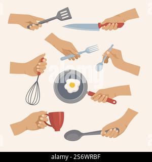 Kitchen tools in hands. Objects for preparing food in kitchen forks spoons plates pots recent vector flat items. Kitchen spoon fork and mixer in hands illustration. Kitchen tools in hands. Objects for preparing food in kitchen forks spoons plates pots recent vector flat items Stock Vector