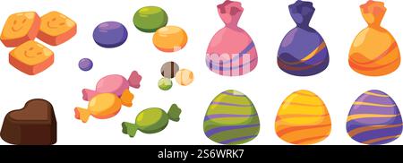 Sweets isometric. Delicious products sweets chocolate candy lollipops garish vector products for kids. Illustration of chocolate candy and isometric sweet food. Sweets isometric. Delicious products sweets chocolate candy lollipops garish vector products for kids Stock Vector