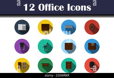 Office Icon Set. Flat Design With Long Shadow. Vector illustration. Stock Vector