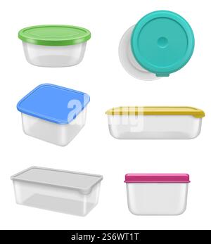Transparent containers. Bowls and plastic boxes for food decent vector realistic templates set isolated. Colllection of containers plastic box transparent illustration. Transparent containers. Bowls and plastic boxes for food decent vector realistic templates set isolated Stock Vector