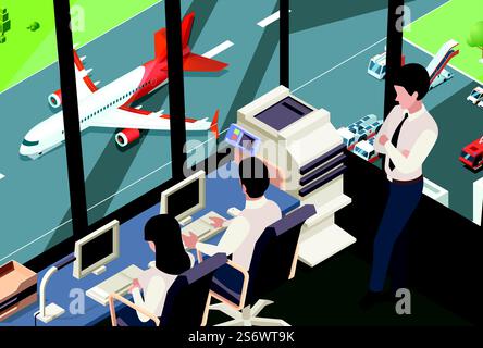Flight command center. Airplane tracking controlling team airport launching room with surveillance panel garish vector flat background. Interior of flight center tower for control illustration. Flight command center. Airplane tracking controlling team airport launching room with surveillance panel garish vector flat background Stock Vector