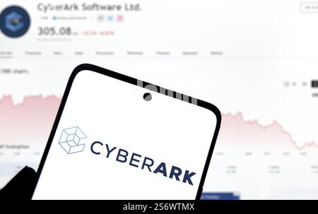Cyberark logo is displayed on smartphone. CyberArk Software Ltd. is an Israeli publicly traded information security company Stock Photo