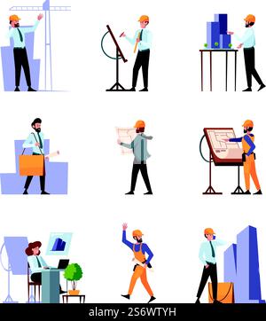 Architects. Industrial building architectural project workers builders and engineers talking garish vector people standing concept pictures. Worker and architect, engineering construction illustration. Architects. Industrial building architectural project workers builders and engineers talking garish vector people standing concept pictures Stock Vector