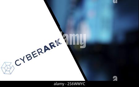 Cyberark logo is displayed on smartphone. CyberArk Software Ltd. is an Israeli publicly traded information security company Stock Photo