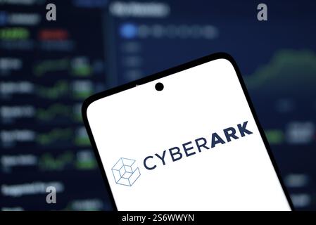 Cyberark logo is displayed on smartphone. CyberArk Software Ltd. is an Israeli publicly traded information security company Stock Photo