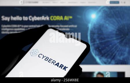 Cyberark logo is displayed on smartphone. CyberArk Software Ltd. is an Israeli publicly traded information security company Stock Photo